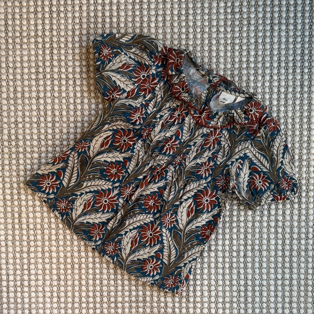Kids Floral Ruffle-Neck Top in Blue, Rust & Cream